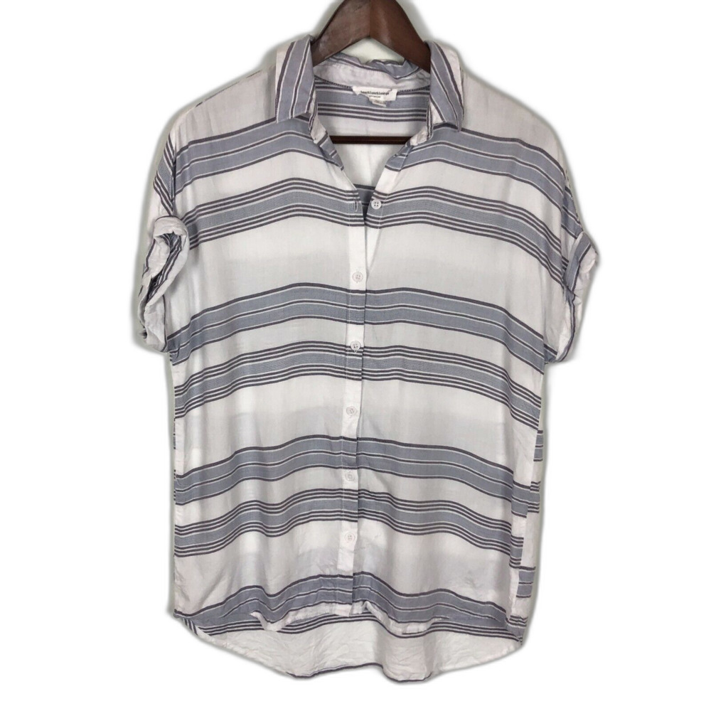 Beachlunchlounge Stripe Blue White Short Sleeve Button Down Shirt Women's Small